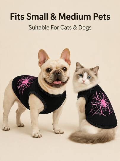 Pet Spider Pattern Dog Vest, Breathable Sleeveless T-Shirt, Black & Pink Spider And Cobweb Print, Cool & Edgy Style, Suitable For Small Dogs, Medium Dogs And Cats, Quick-Dry Comfortable Fabric, Pet Walking And Photo Outfit