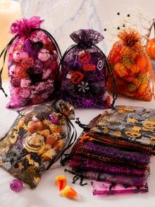 50pcs Halloween Organza Gift Bags With Drawstring Mesh Candy Bags, Pumpkin And Spider Web Pattern, Suitable For Halloween Party Gifts - Organza Bag - View 8