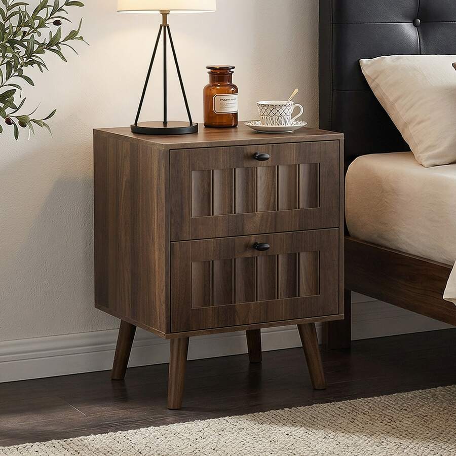 Moderner Nachttisch Im Mittelalterlichen Stil Mit Zwei Schubladen, Beine Aus Massivholz, Schlafzimmer-Nachttisch/Beistelltisch, 43,5 X 40 X 57,5 ​​Cm, Walnussfarbe,1 Stück - Brown - View 1