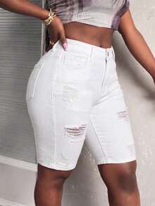 Women's High Waisted Ripped Denim Shorts Destroyed Raw Hem Rolled Cuff Summer Vacation Beach Casual Y2K Streetwear - White - View 3
