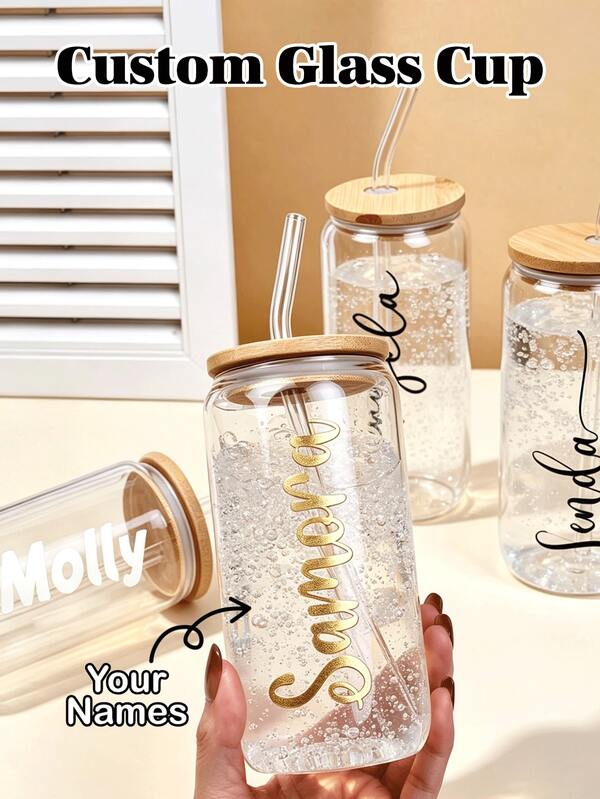 Personalized Bridesmaid Glass Cup With Bamboo Lid & Glass Straw, Custom Name Can Glass, Bridesmaid Proposal Gift, Bachelorette Party Favors, Bridal Shower Wedding Gifts, Wedding Party Supplies, Iced Coffee Cup, Reusable Drink Tumbler