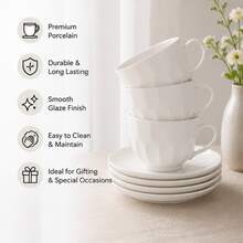 Porcelain Tea Cups And Saucers Set Of 6 White 180ml Tea Set With Gift Box - White - View 2