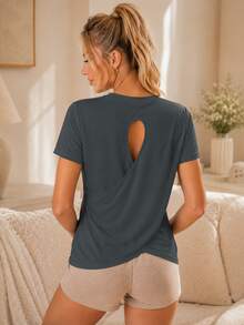 Sodalemon Women's Jacquard Knit Keyhole Backless Criss-Cross Round Neck Short Sleeve Loungewear Top - Dark Grey - View 7