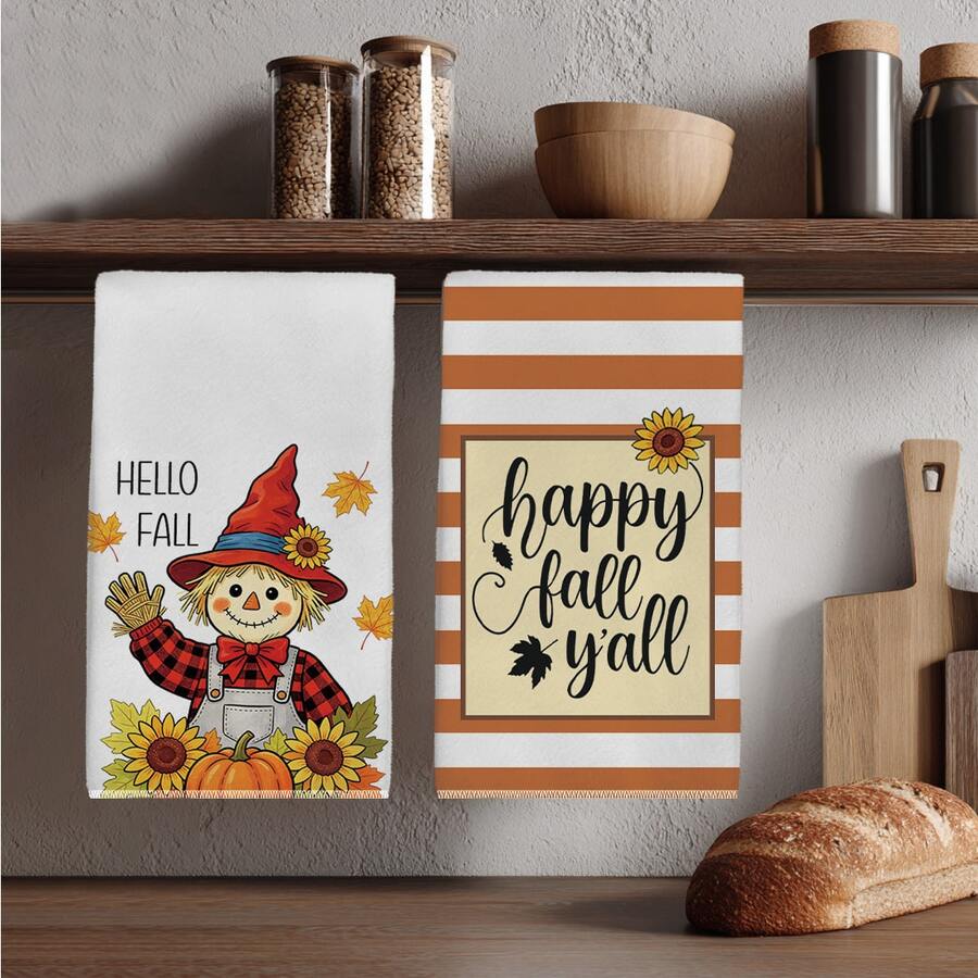 2pcs Minimalist Orange Striped Autumn Scarecrow & Sunflower Pattern Kitchen Towels, 40*60cm Soft Microfiber Material, Suitable For Home Kitchen Restaurant Outdoor Camping Tabletop Cleaning Dish Cloth Hand Towel Accessories, Holiday Gift - Multicolor - View 1
