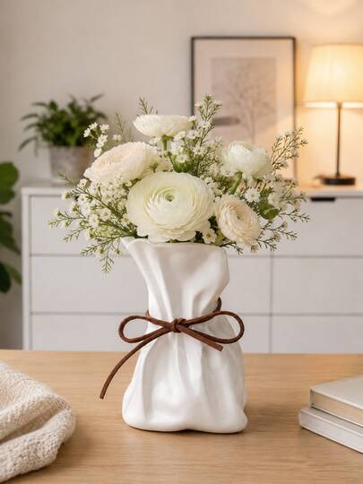 1pc Decorative Drawstring Bag Vase With Bow, Modern Resin Flower Vase For Fresh, Dried Or Artificial Flowers, Cute Aesthetic Tabletop Centerpiece For Living Room, Bedroom, Office, Entryway, Wedding, Spring Home Decor And Housewarming Gift