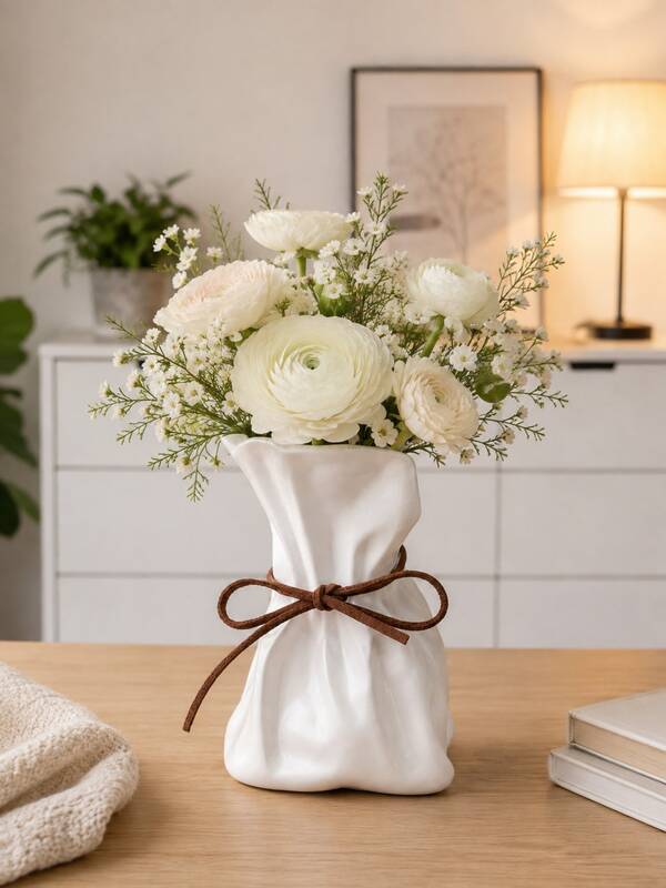 1pc Decorative Drawstring Bag Vase With Bow, Modern Resin Flower Vase For Fresh, Dried Or Artificial Flowers, Cute Aesthetic Tabletop Centerpiece For Living Room, Bedroom, Office, Entryway, Wedding, Spring Home Decor And Housewarming Gift