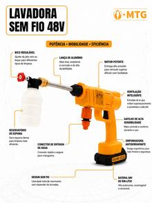 Kit Lavadora de Alta Pressão Sem Fio MTG 48V 1000W com 2 Baterias, Pistola Lava Jato Portátil Recarregável, Mangueira 5m, Maleta e Acessórios para Carros e Jardim - Amarelo - Visão 6
