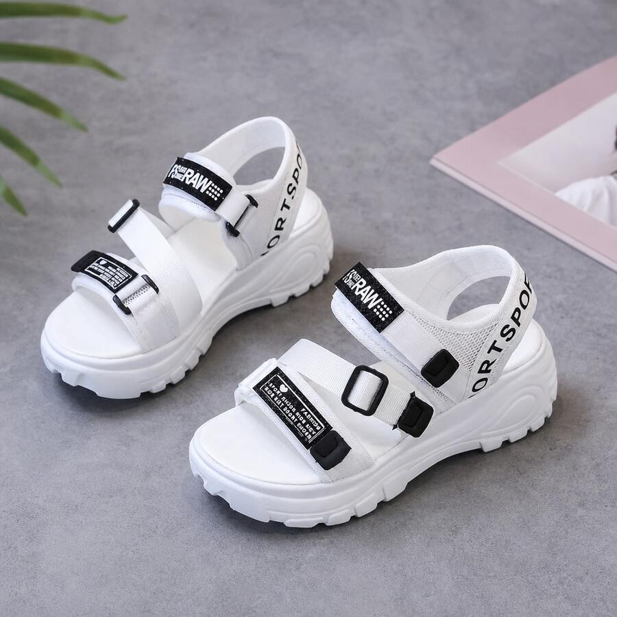 Sandalias deportivas de mujer en PU con suela gruesa de goma, correas ajustables con hebilla y estampado de letras, suela gruesa antideslizante casual para playa. - Blanco - Ver 1