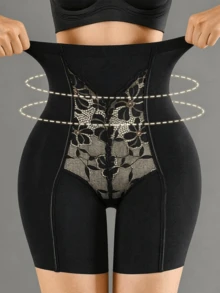 High Waist Lace Patchwork Tummy Control Shapewear Pants For Women, Waist Cincher, Butt Lifting, Body Shaping - Black - View 1