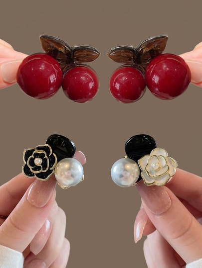 4pcs/2pcs Women's Red Cherry Small Hair Clips, Side Parting Hair Clips, High Ponytail Hair Clips, Hair Accessory Claw Clips, Fashion Hair Clips