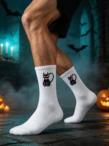 1/5/10 Pairs Men's Halloween Themed Crew Socks, Ghost Pumpkin Witch Black Cat Pattern Ribbed Casual Mid-Calf Socks, Fun Holiday Party Socks Suitable For Daily Wear - Multicolor - View 4