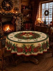 1pc Christmas Party Tablecloth, Reindeer, Holly, Bow Pattern, Rectangular And Round Optional, Pine Branch And Snowflake Print Polyester Tablecloth, Suitable For Holiday Dining Room, Christmas Party, Winter Home Decor - Multicolor - View 12