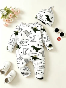 BrownBark 2pcs, Baby Boy Spring/Autumn Cute Casual Long Sleeve Dinosaur Print Romper, Matching Same Pattern Beanie Hat, Soft Comfortable Fabric, Newborn Baby Outing Crawl Suit, Cartoon Playful Design, Suitable For Daily Multi-Scenario Wear - Multicolor - View 1