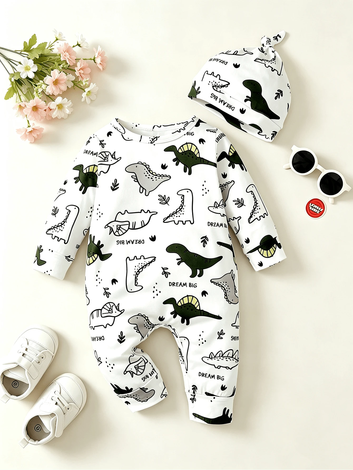 BrownBark 2pcs, Baby Boy Spring/Autumn Cute Casual Long Sleeve Dinosaur Print Romper, Matching Same Pattern Beanie Hat, Soft Comfortable Fabric, Newborn Baby Outing Crawl Suit, Cartoon Playful Design, Suitable For Daily Multi-Scenario Wear - Multicolor - View 1