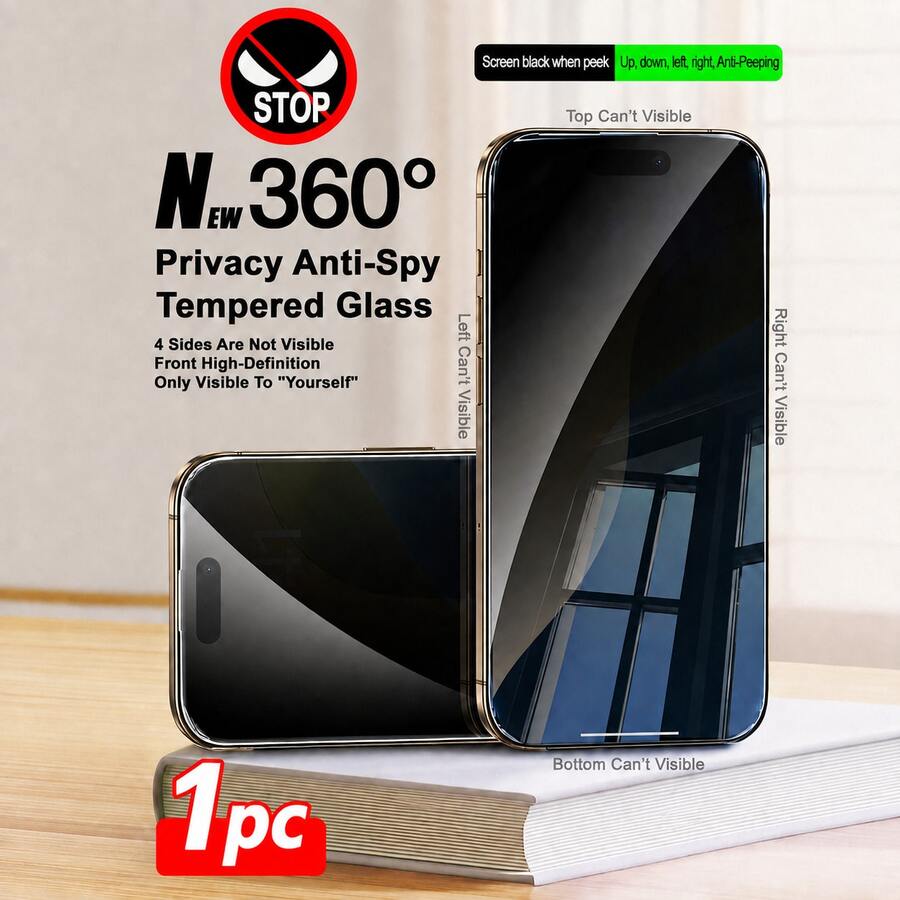 CASECOPS 1pc 360° Full Coverage Privacy Tempered Glass Screen Protector, Anti-Peeping, Anti-Spying, Anti-Fingerprint, 360° Invisible, Compatible With IPhone 17 Pro Max/17 Air/16E/16 Pro Max/16 Pro/16 Plus/16/15 Pro Max/14 Pro Max/13/12/11/XS Max/XR Plus Series, Birthday Gift, Gift For Family And Friends - 1pcs - View 1