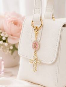 1pc Virgin Mary Cross Keychain, Alloy Rhinestone & Pearl Religious Pendant, Universal Charm For Car Keys, Handbags And Backpacks - A - View 5