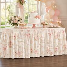 Elegant Baby Baptism Table Skirt, Pink Floral Baptism Party Polyester Tablecloth, Printed With Rose, Cross, Bowknot And Heart Patterns, Luxurious Baby Blessing Decoration, Suitable For Dessert Table And Baptism Celebration - A - View 3