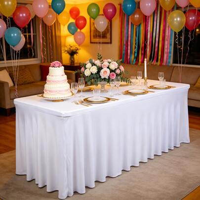 1pc White High Elasticity Tablecloth, Premium Choice For Company Product Launch Display, High Elasticity Table Cover, Perfect Fit For Long Tables, Suitable For Company Breakroom, French Estate Afternoon Tea Table Decoration, Christmas Holiday Buffet Table Decoration, Suitable For Birthday Party, Anniversary, Winter, New Year, Bridal Shower, Engagement Ceremony, Coming Of Age, Graduation Season, Afternoon Tea