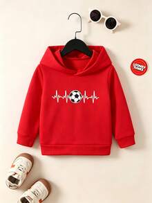 BrownBark Young Boy Spring/Autumn Versatile Long Sleeve Hooded Sweatshirt, Fashionable Football Heartbeat Print Design, Casual Comfortable Versatile, Suitable For Daily Wear, School, Sports, Boys Sweatshirt, Boys Clothing - Red - View 1