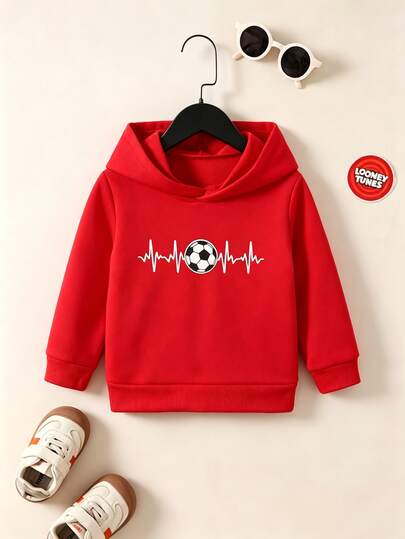 BrownBark Sudadera con capucha de manga larga versátil para niño joven en primavera/otoño, diseño de estampado de latido de corazón de fútbol de moda, casual y cómoda, adecuada para uso diario, escuela, deportes, sudadera para niños, ropa para niños