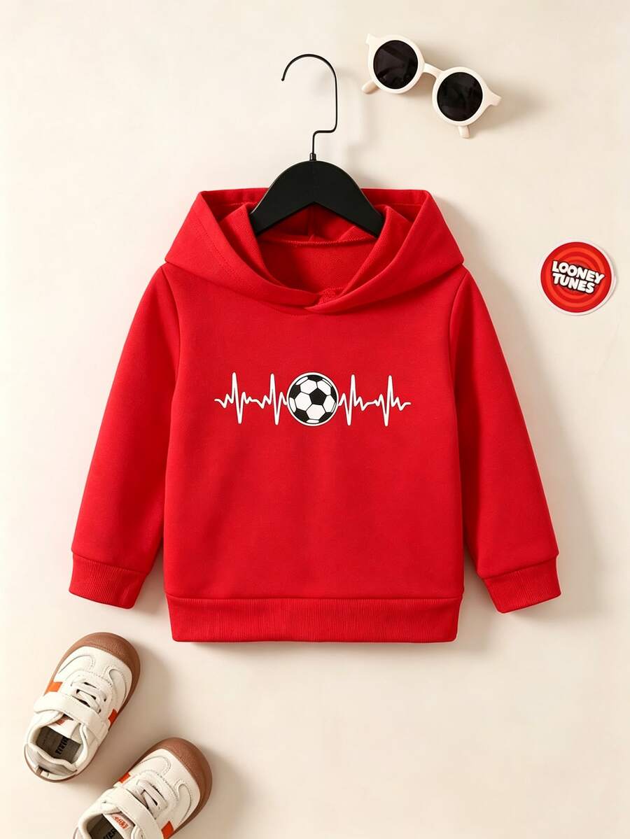 BrownBark Young Boy Spring/Autumn Versatile Long Sleeve Hooded Sweatshirt, Fashionable Football Heartbeat Print Design, Casual Comfortable Versatile, Suitable For Daily Wear, School, Sports, Boys Sweatshirt, Boys Clothing - Red - View 1