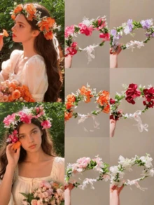 1pc Girls Fairy Pink Floral Wreath Headband Forest Style Artificial Flower Headpiece Hair Accessory - Multicolor - View 7