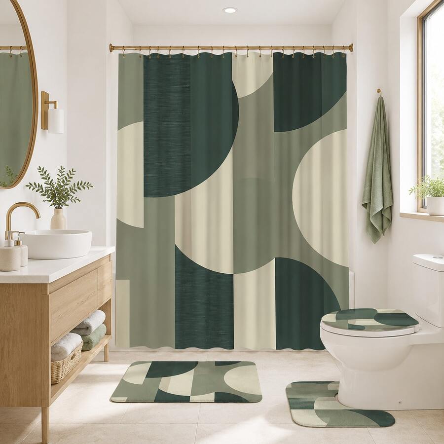 1/4pcs Green Abstract Geometric Pattern Bathroom Shower Curtain Set, Including Bath Mat, U-Shape Toilet Lid Cover, Waterproof Shower Curtain, Fashionable Decorative Curtain For Bathroom, Modern Style, Machine Washable Bathroom Decor - Multicolor - View 1