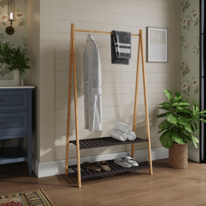 Clothes Stand With 2 Shelves, Coat Stand With Sturdy Clothes Rail, Coat Rack With Shoe Rack, For Hallway, Bedroom, Open Wardrobe.Bamboo Coat Stand, Clothes Airer With Clothes Rail, 80 X 40 X 150 Cm