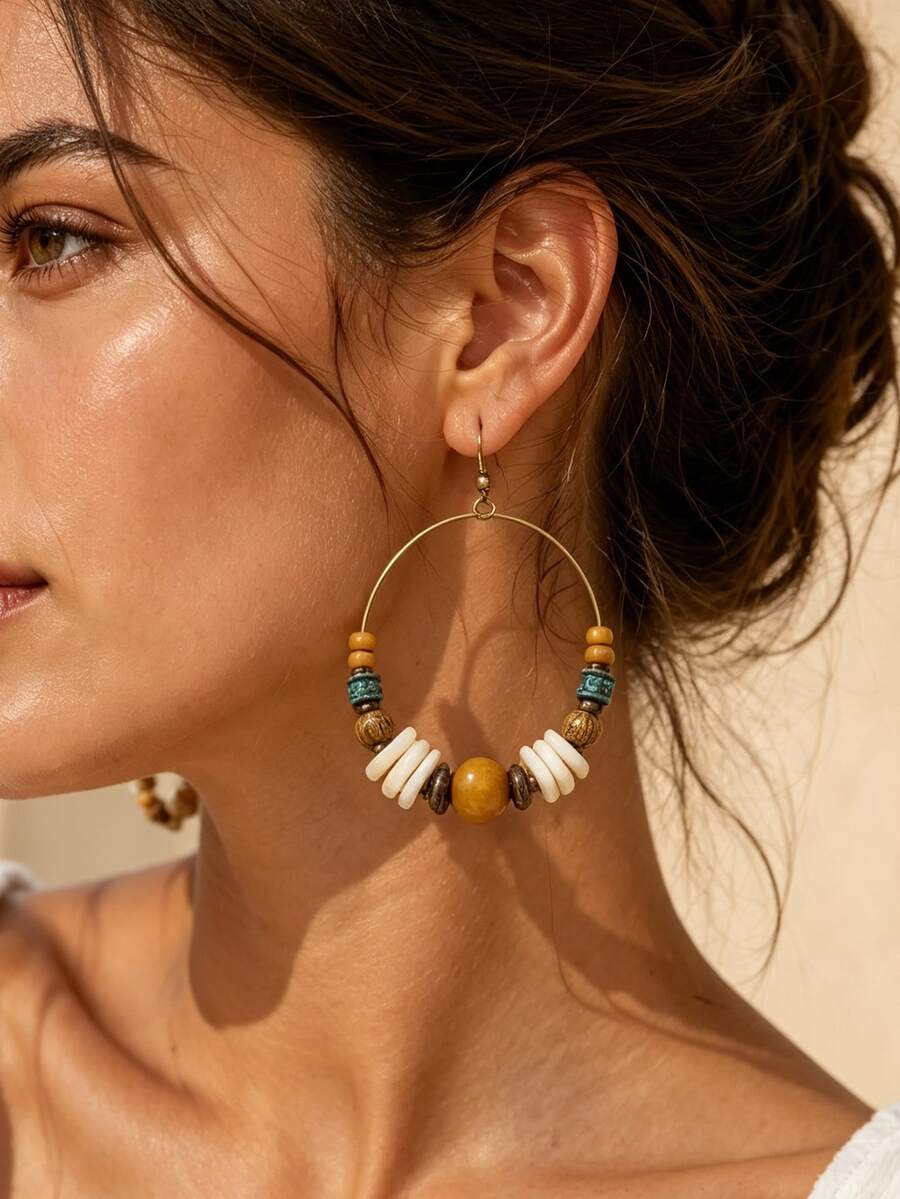 2pcs Bohemian Handmade Beaded Shell & Wooden Bead Hoop Earrings, Beach Vacation Jewelry - Multicolor - View 1