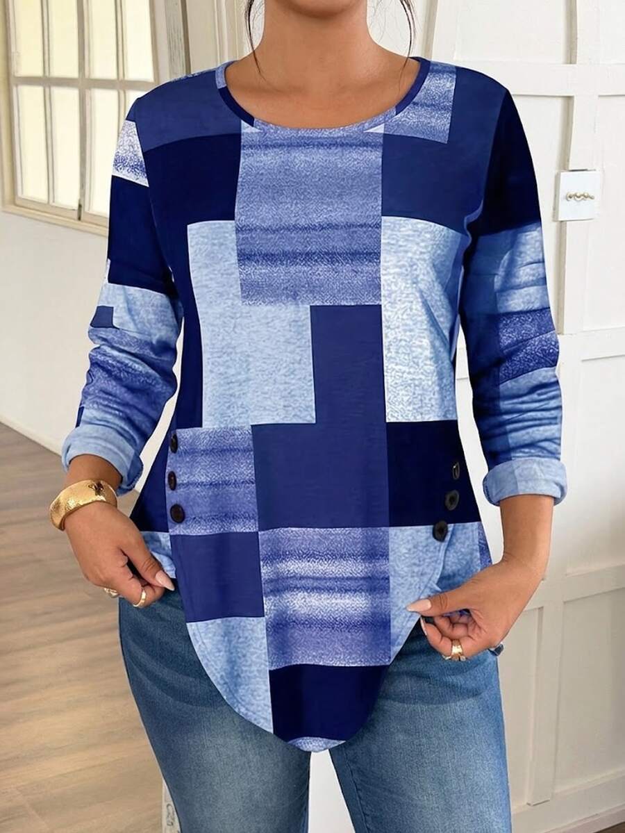 Plus Size Casual Geometric Print Long Sleeve T-Shirt - Blue - View 1