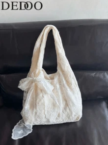 Dedoo 新中式刺繡優雅休閒女款托特包，大容量單肩手提包，適合上班、海邊使用，海灘包，隨機贈送圍巾 - 白色 - 查看 8