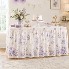 Taplak Meja Baptisan Bayi, Taplak Meja Poliester Motif Bunga Putih dan Ungu dengan Pola Salib, Domba, Kupu-kupu, Mawar, dan Pita, Dekorasi Pesta Baptisan Bayi Berkah Tuhan - A - View 6