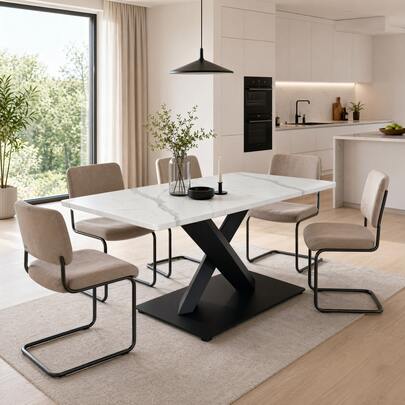 Modern Rectangular Dining Table For 6-8, Large White Kitchen Table With MDF Desk And Black Metal Base, White Marble Patterned Wooden Table, X Shape Support Dining Table For Home Office Apartment, 160 X 80 X 75 Cm