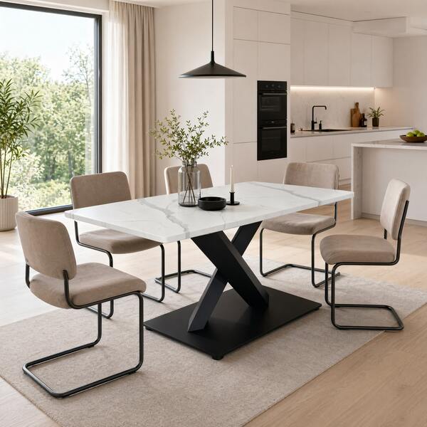 Modern Rectangular Dining Table For 6-8, Large White Kitchen Table With MDF Desk And Black Metal Base, White Marble Patterned Wooden Table, X Shape Support Dining Table For Home Office Apartment, 160 X 80 X 75 Cm