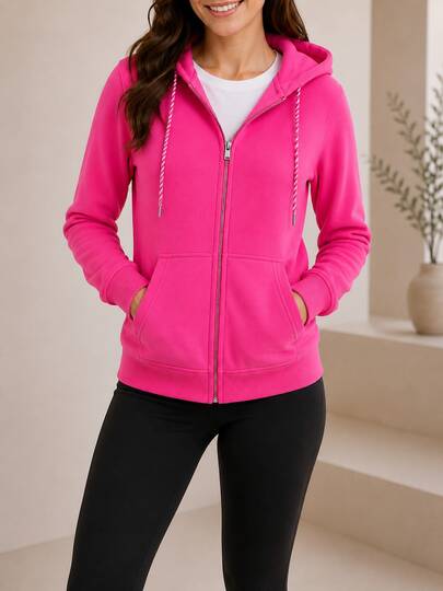 HPC POLO Sudadera para Mujer con Cierre y Gorro Afelpado Color Rosa Fucsia Estilo Casual Otoño Invierno Corte Regular Fit Uso Diario con Capucha Bolsillos Funcionales y Ajuste Cómodo