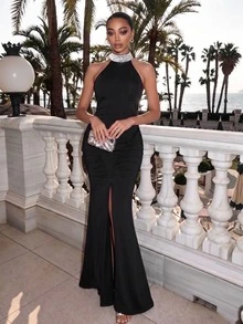 Women's Elegant Formal Sequin Decorated Slit Dress For Wedding Guest, Anniversary, Stage, Concert, Formal Dinner, Party, Date - Black - View 9