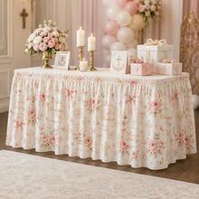 Elegant Baby Baptism Table Skirt, Pink Floral Baptism Party Polyester Tablecloth, Printed With Rose, Cross, Bowknot And Heart Patterns, Luxurious Baby Blessing Decoration, Suitable For Dessert Table And Baptism Celebration - A - View 6