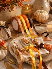 4 Rolls Autumn Silk Ribbon Set, 100 Yards Total, 10mm Wide, Orange-Brown Polyester Material, Suitable For Halloween Gift Wrapping, DIY Crafts, Party Decoration And More. - Brown and Yellow Tones - View 3