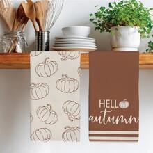 2件裝復古棕色咖啡 Hello Autumn 極簡線條南瓜圖案廚房毛巾，40*60cm 柔軟超細纖維材質茶巾，適用於居家廚房、餐廳、戶外露營桌面清潔抹布、手巾配件，復古秋季主題廚房毛巾節日禮物 - 彩色 - 查看 7