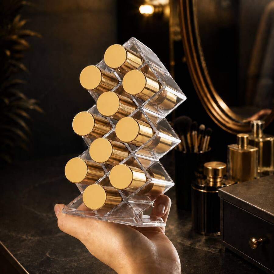 1pc 9-Slot Lipstick Holder Display Rack, Lip Gloss Cosmetic Storage Box, Makeup Desktop Organizer