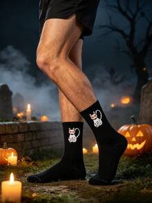 1/5/10 Pairs Men's Halloween Themed Crew Socks, Ghost Pumpkin Witch Black Cat Pattern Ribbed Casual Mid-Calf Socks, Fun Holiday Party Socks Suitable For Daily Wear - Multicolor - View 11