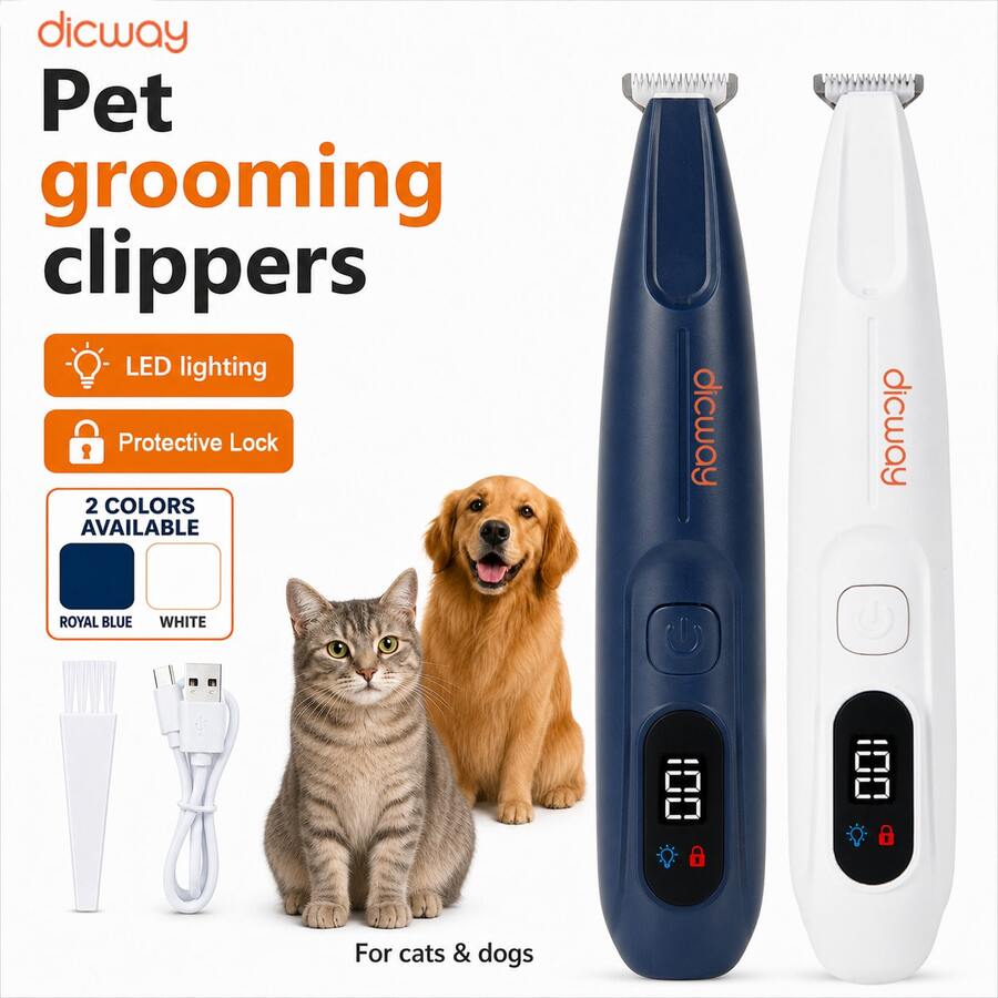 Dicway Pet Hair Trimmer and Blade, Kit Perawatan 2-in-1 dengan Lampu LED dan UV, Alat Cukur Elektrik untuk Anjing dan Kucing
