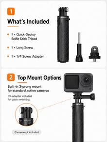 3-In-1 Quick Deployment Selfie Stick Tripod With 3-Prong Base And 1/4" Screw Adapter, 30cm Extendable Handle, Compatible With Osmo Action, Ace/Ace Pro, Suitable For Vlog, Travel, Selfie And Desktop Shooting - View 11