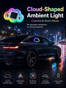 XF.Meraki Solar Powered RGB LED Car Window Neon Light, Bat Cloud Rocket Shape, With Motion Sensor And Suction Cup, 7 Light Modes, 300mAh Romantic Car Interior Decoration, Suitable For Sun Visor, Rear Window And Side Window, Couple Gift - A - View 10