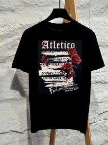 Vintage Dark Red Rose Atletico Gothic Letter Graphic T‑Shirt Oversized Dark Aesthetic Pure Cotton Plus Size Women Tee Fan Merch Short Sleeve 2026 - 黑色 - 查看 1