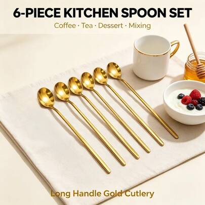 Set Of 6 Gold Stainless Steel Spoons - Luxury Stirring Spoons For Coffee, Milk, Ice Cream, Dessert & Camping Utensils