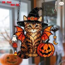 Wizard Hat Bat Wings Tabby Cat Acrylic Hanging Ornament, Sun Catcher Pumpkin Halloween Door & Window Hanging Decoration (2D Flat, Not 3D) - A - View 2