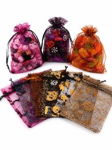 50pcs Halloween Organza Gift Bags With Drawstring Mesh Candy Bags, Pumpkin And Spider Web Pattern, Suitable For Halloween Party Gifts - Organza Bag - View 1