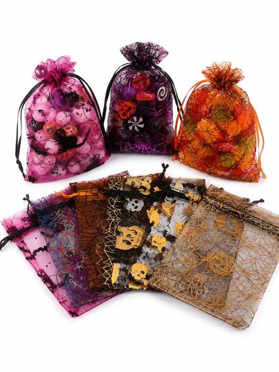 50pcs Halloween Organza Gift Bags With Drawstring Mesh Candy Bags, Pumpkin And Spider Web Pattern, Suitable For Halloween Party Gifts