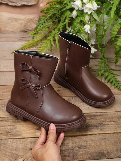 1 Pair Brown Bow Decor Boots, Rubber Soft Sole, Anti-Slip, Side Zipper, Soft PU Short Ankle Boots, Princess Leather Boots, Suitable For Daily Casual, Warm, Hiking, Home, Party, Outdoor Wear, Autumn/Winter New 2026